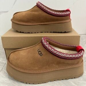 UGG Tan Mules with Red Trim